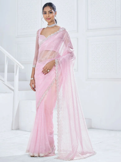 Bewitching Baby Pink Swarovski Work Organza Party Wear Saree